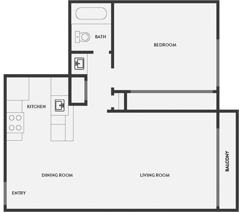 Floor plan for 1 bed, 1 bath, 656 sqft